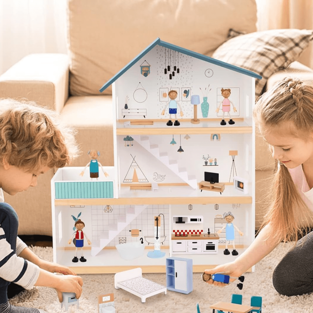 Puppenhaus aus Holz mit Zubehör und Figuren
