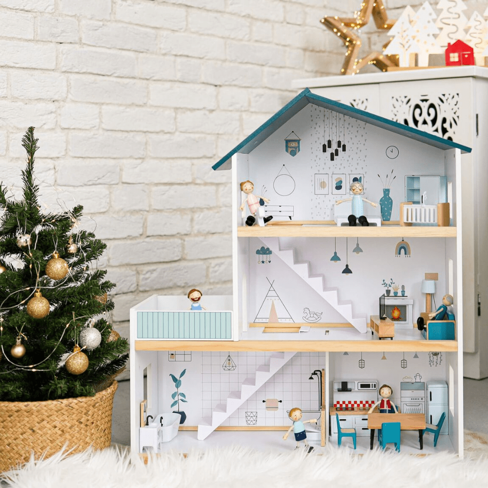 Puppenhaus aus Holz mit Zubehör und Figuren