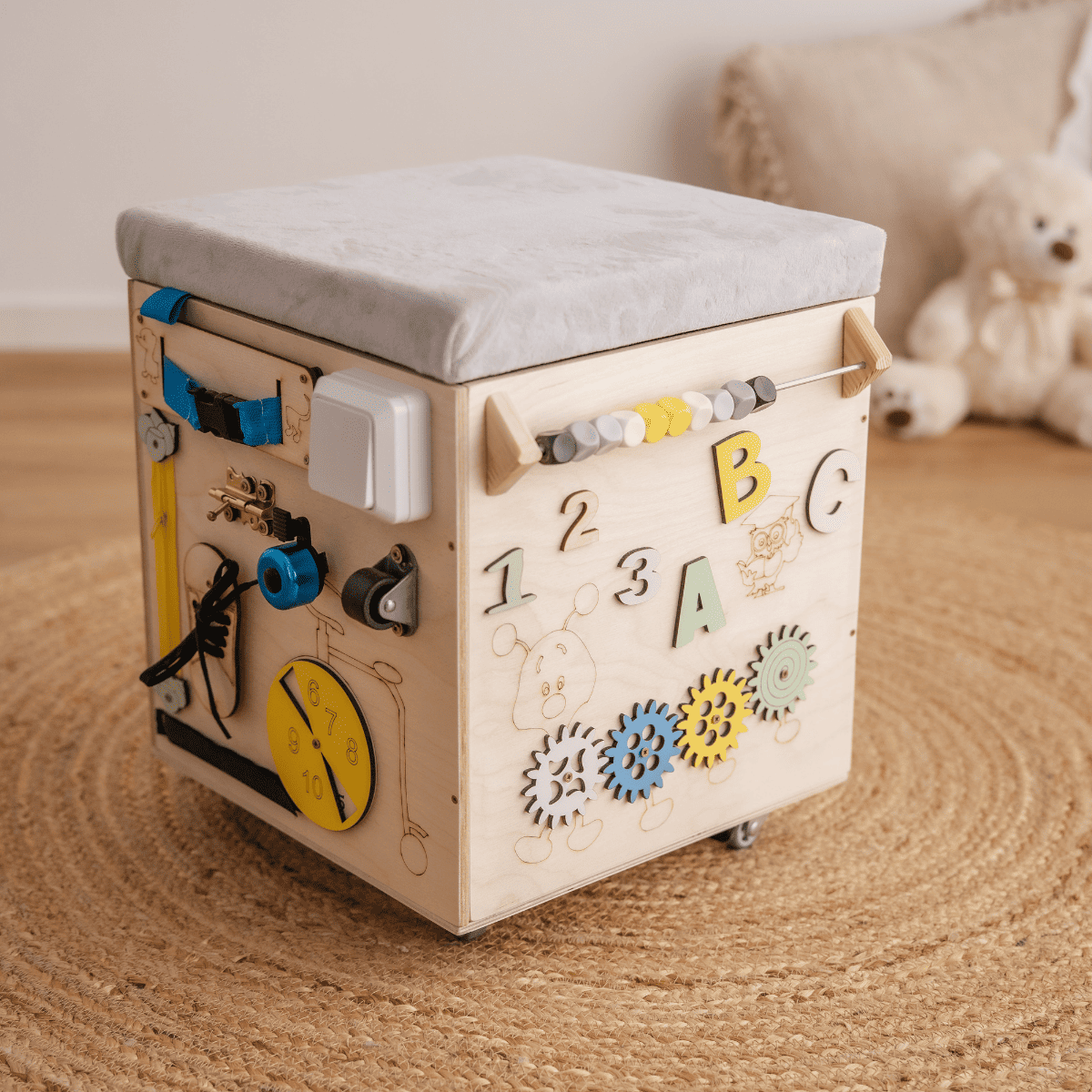 Montessori-Kiste für verschiedene Aktivitäten, Spielzeugkiste mit Sitzbank