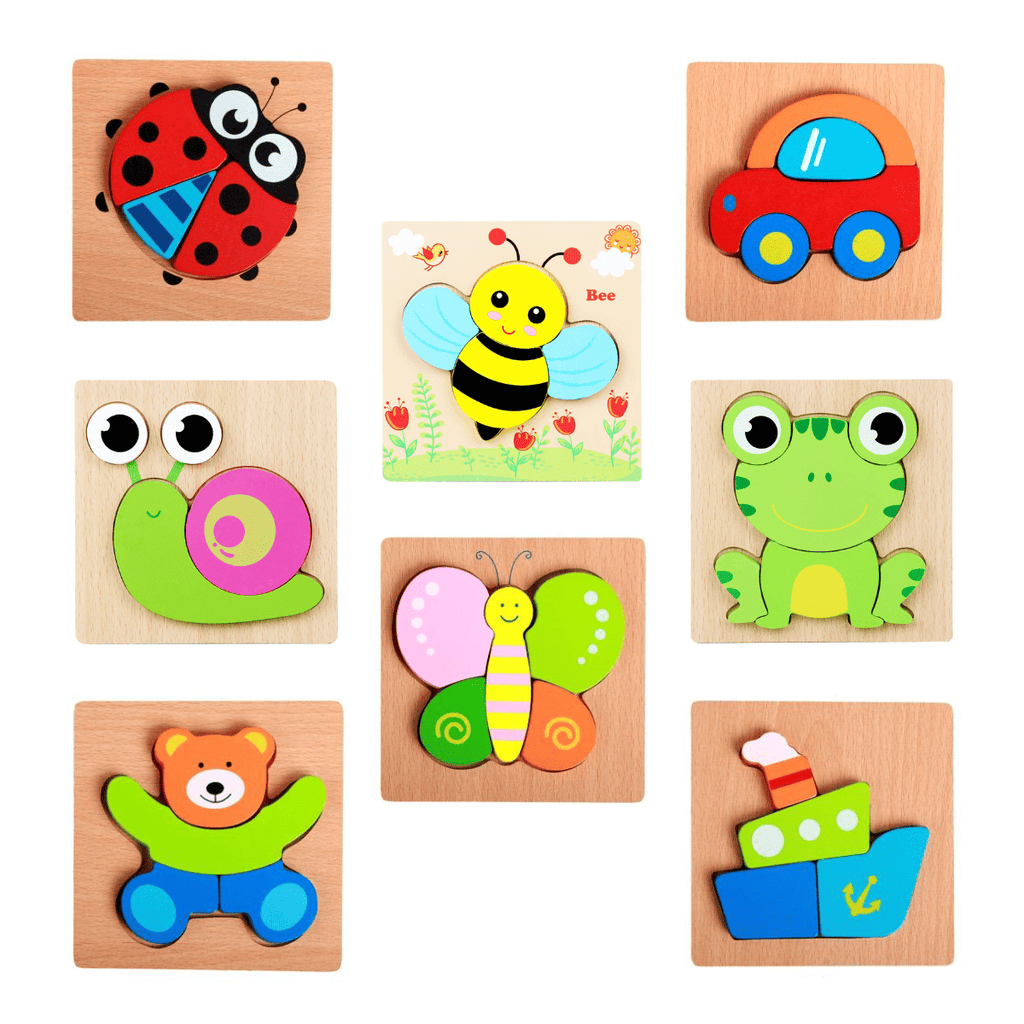 Set mit 8 dreidimensionalen Holzpuzzles