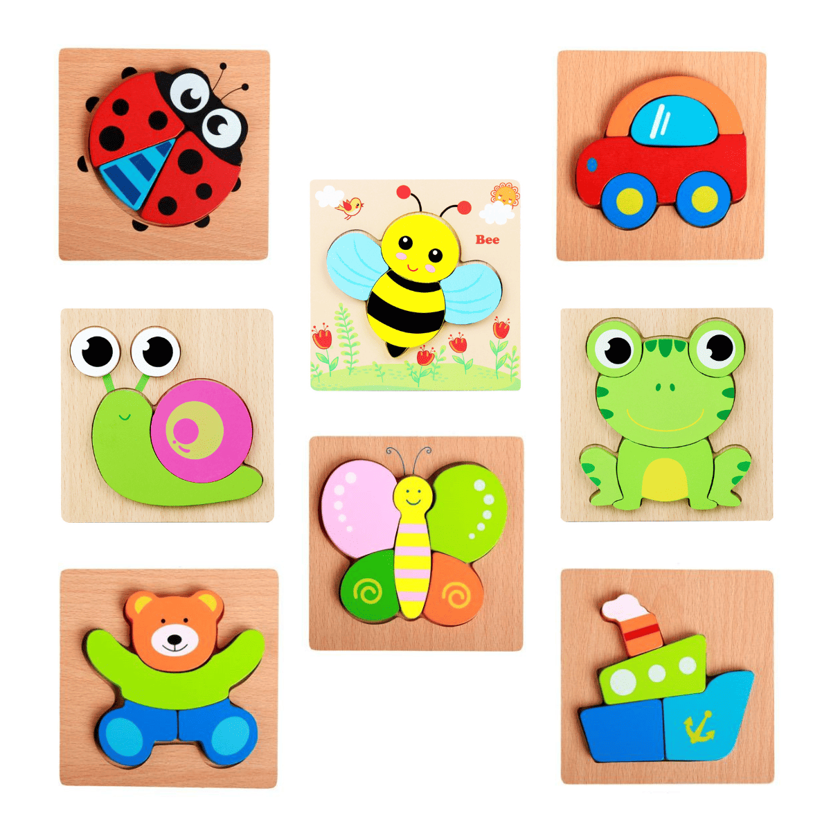 Set mit 8 dreidimensionalen Holzpuzzles