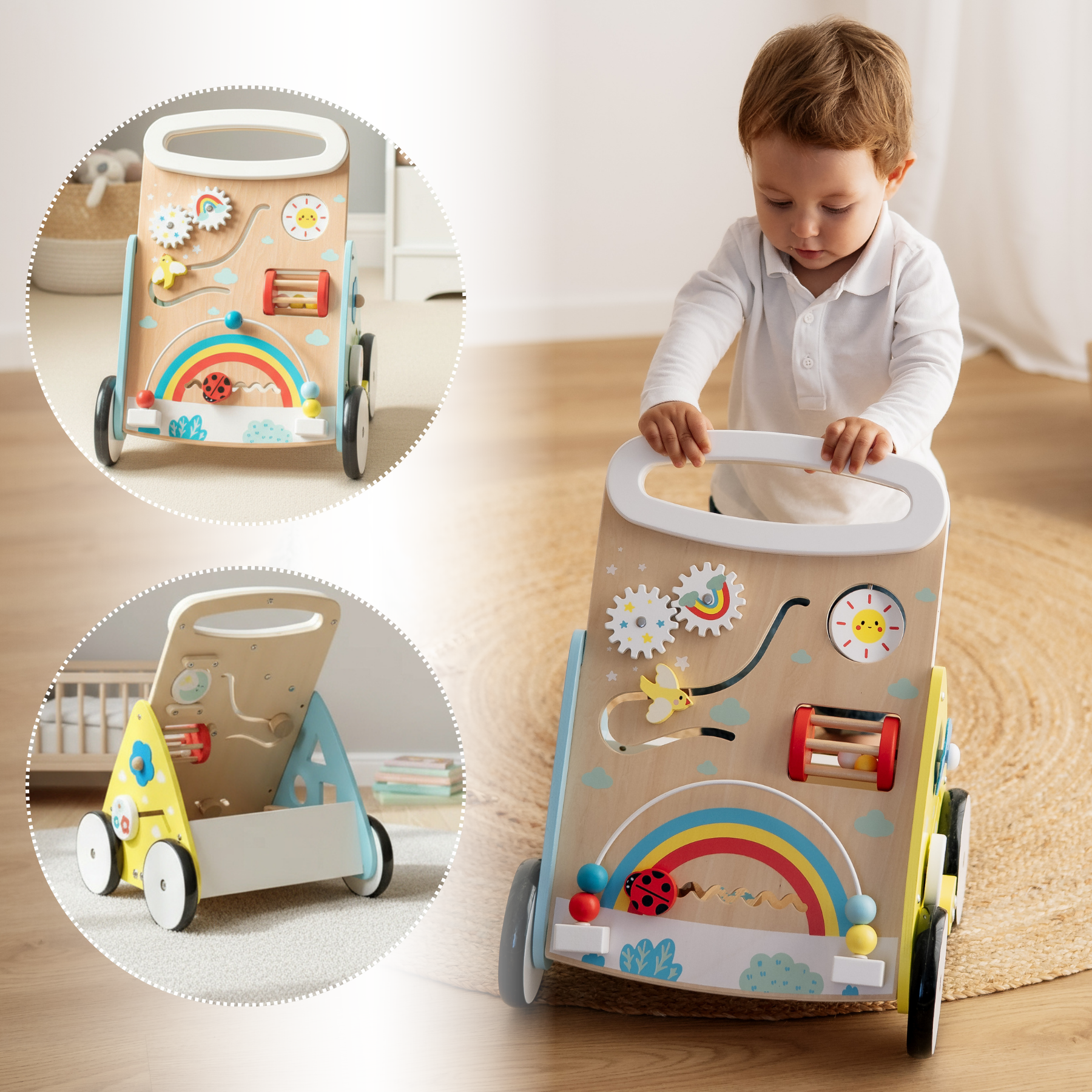 Regenbogenfarbener Multifunktions-Montessori-Wagen für die ersten Schritte